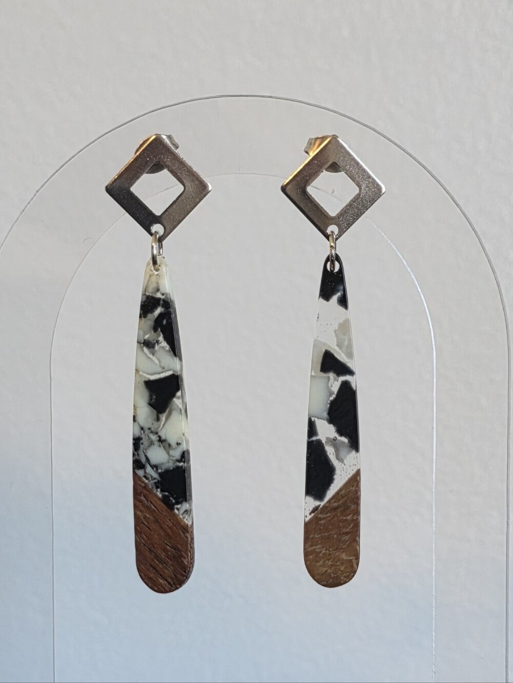 Handmade Black And White Resin, Wood, And Stainless Drop Earrings